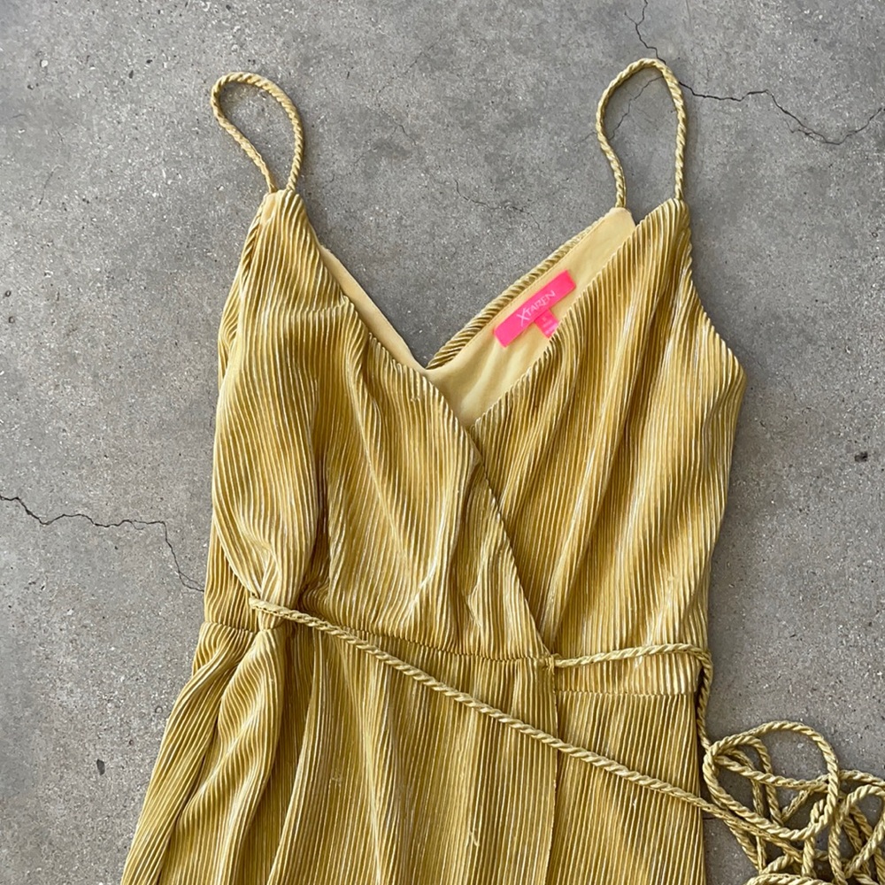 Yellow Pleated Metallic Maxi Wrap Split Dress - image 1